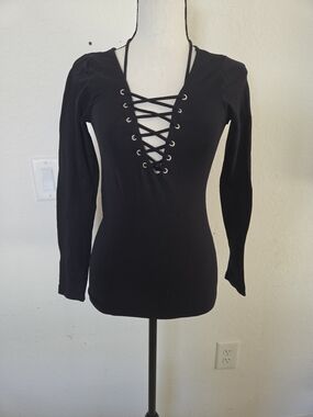 Whimsigoth Suzette Collection Black Lace Up Front Grommet Long Sleeve Top OS